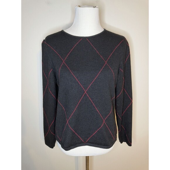 Charter Club Sweaters - Charter Club Silk Blend Sweater Argyle Pattern Large Petite Black Red